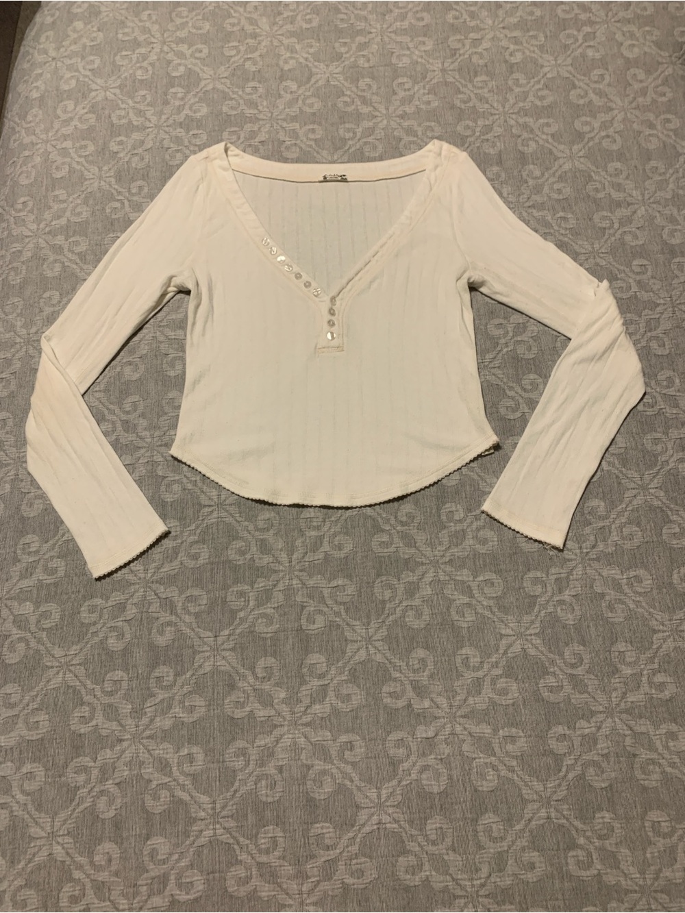 Free People Intimately Cream Ribbed V-Neck Henley Top (Size S)